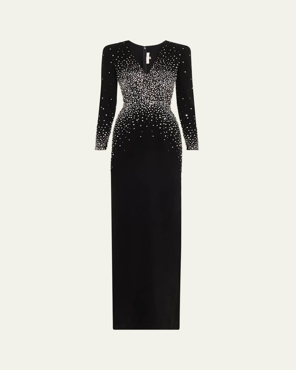V-Neck Crystal Long Sleeve Column Gown